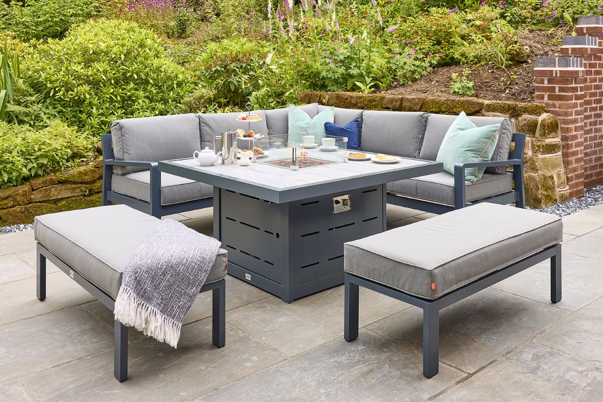 HEX Living Tutbury Fire Pit Table with Corner Sofa and Two Large Benches