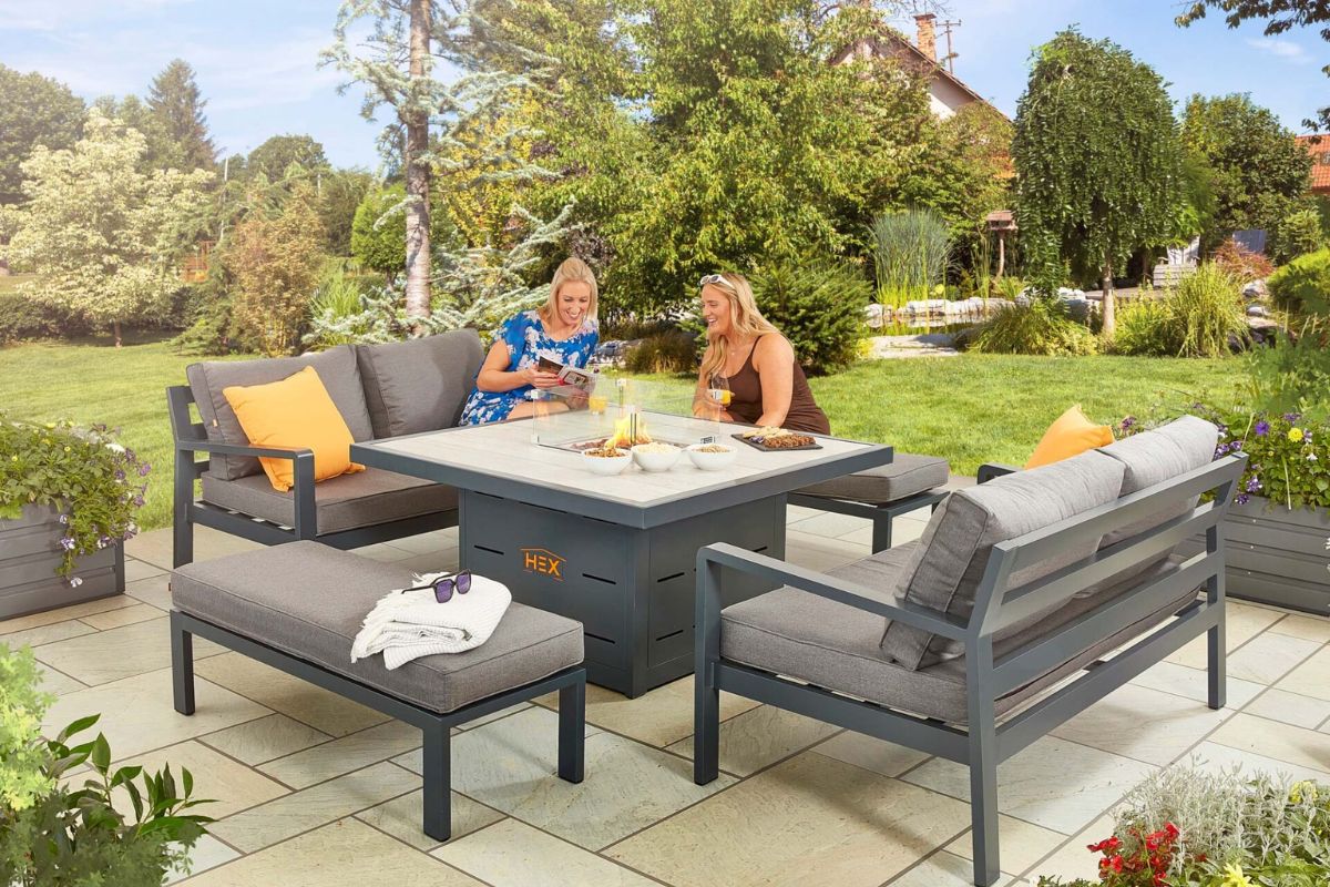 HEX Living Tutbury Fire Pit Table Set with Two Sofas and Two Benches