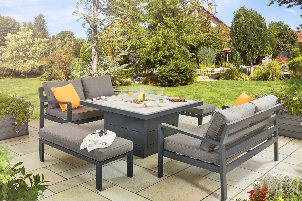 HEX Living Tutbury Fire Pit Table Set with Two Sofas and Two Benches